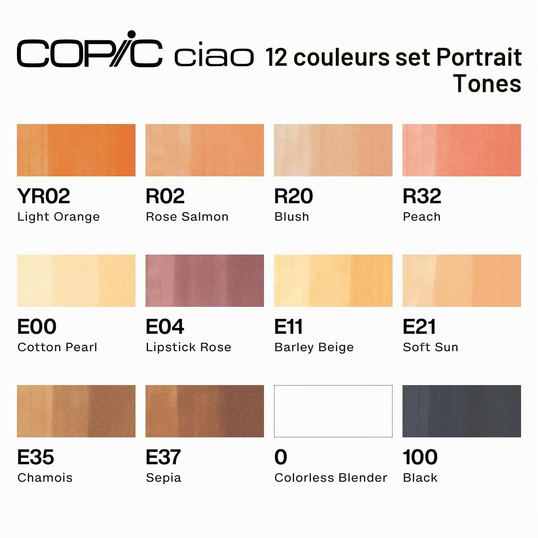 COPIC Ciao Set « Couleurs Portrait », Set de 12 pièces dans un Wallet, Twin Marker avec une pointe moyenne et une pointe Brush