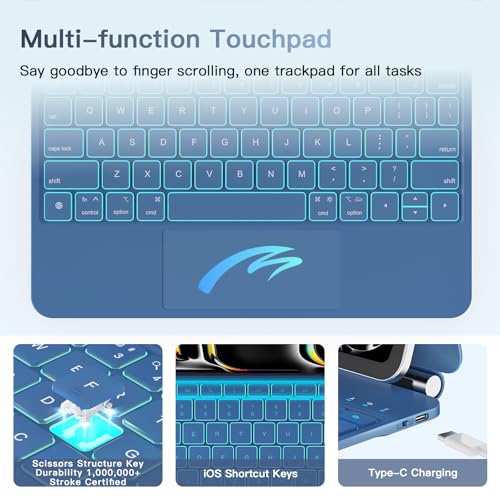 Image of RAYMCRAFT for iPad Pro 13-inch Case with Keyboard (M5 /M4, 2025 /2024), 11-Colors Backlight with Pencil Buckle, Stain-Resistant Surface, Magic Keyboard for iPad Pro 13 inch, Multi-Touch Trackpad, Steel Blue