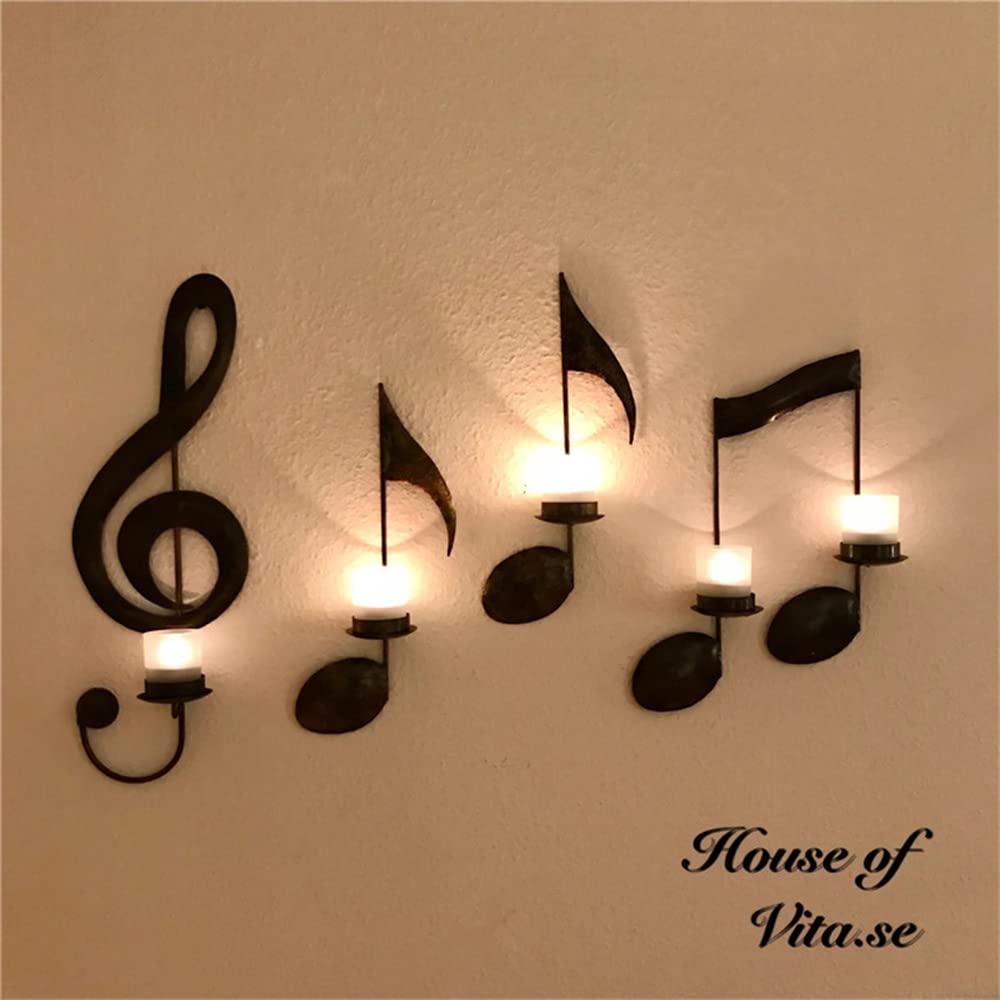 Lot De 4 Bougeoirs Muraux En Forme De Note De Musique Noirs - En Fer, Décoratif Pour Intérieur Et Extérieur