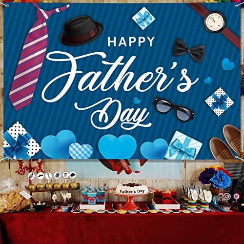 Arosche Large Fathers Day Banner Decorations 72" X 48" Happy Father's Day Backdrop Blue Hearts Gifts Tie Party Supplies Gifts Photography Background For Indoor Outdoor Garden,Yard,Home Decor #TOP5