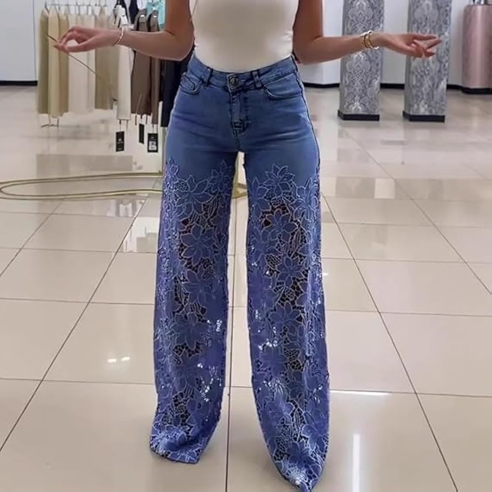 パンツ Patchwork Lace Pants 38 Women's Lace Patchwork Hollow Jeans, Floral Patchwork Ripped