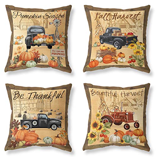 Kissenbezüge, Thanksgiving-Dekorationen für Zuhause, Kürbis Pickup Truck, Hello Autumn Leaves Couch-Kissenbezüge 45.7 x 45.7 cm, Baumwollleinen, Kissenbezüge Dekor für Sofa Cover