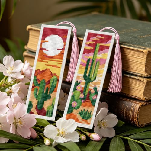 Image of ACRNIGHEET 6PCS Cross Stitch Bookmark Kit for Beginner Stamped Cross Stitch Kits for Adults Cactus DIY Tassel Embroidery Bookmark Kits Needlepoint Kit with Instructions Craft Gift 8.5''x3'' 11CT