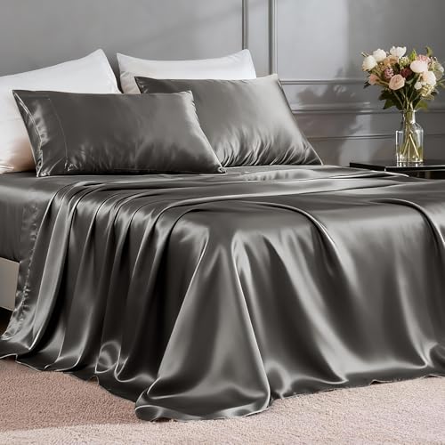 FreshCulture Satin Sheets Queen Size Bed Set- 4 Piece Luxury Soft Silky Queen Sheet Set, Similar to Silk Bed Sheets with 1 Deep Pocket Fitted Sheet, 1 Flat Sheet & 2 Pillowcases (Gunmetal)