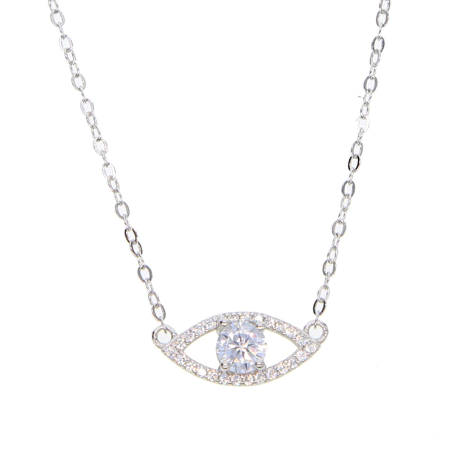 Salan Women's Platinum 925 Sterling Silver Turkish Evil Eye Charm Pendant Necklace Paved Cubic Zirconia Big Cz For Lady Necklace 41+5Cm