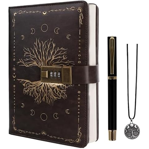 TIEFOSSI Diary with Lock, Tree of Life Vintage Journal with Lock for Women Men, A5 Refillable Notebook with Lock for Writing, 224 Numbered Pages Cover