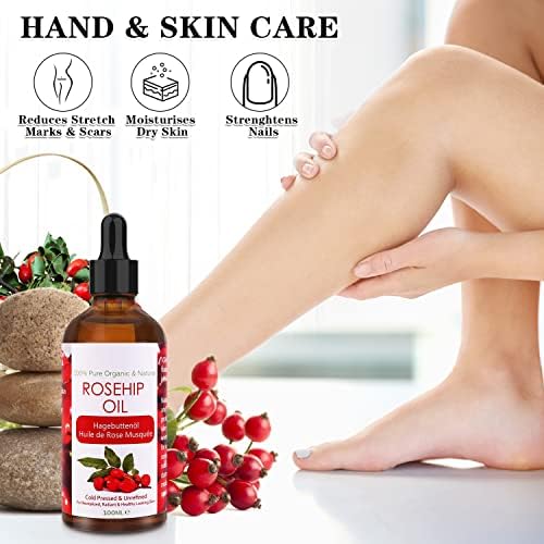 Aeshory Cold Pressed Rosehip Oil for Face 100ml, 100% Pure Natural Rosehip Seed Oil, Hydrating Nourishing & Moisturising for Skin, Hair, Nails, and Body