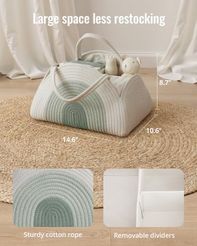 Image of Blissful Diary Baby Diaper Caddy Organizer, Cotton Rope Diaper Caddy Basket, Large Storage Basket for Newborn Boys and Girls, Gift for Baby Shower List, Newborn Essentials, Mint Rainbow