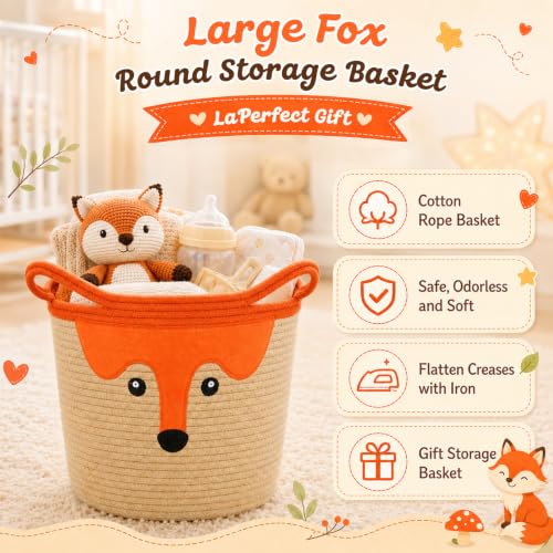 Image of Cute Fox Basket for Nursery, Large Blanket Gift Basket,14 inchDx11 inchH | Woven Rope Cotton Storage Baby Laundry 0rganizer with Animal Ears Handles,Towels Toy Clothes Gifts Storage Fox Lover Bin