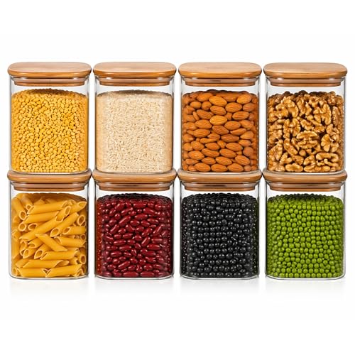 Image of Airtight Square Glass Storage Jar with Bamboo Lid, 750ml Multipurpose Kitchen Container for Coffee, Tea, Sugar, Masala, Spices & Dry Fruits | Modern Transparent Pantry Organizer (Pack of 8)