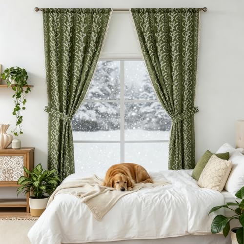 Image of Olive Green Floral Curtains 72 Inch Long for Living Room, Bedroom, 2 Panels Boho Farmhouse Vintage Tassel Semi Sheer Light Filtering Privacy Window Curtains Drapes with Rod Pocket