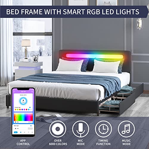 Zafly Platform Full Size Bed Frame With 4 Storage Drawers, Upholstered Bed Frame With Rgb Led Adjustable Headboard,Smart Bed Compatible With Alexa&Google,No Box Spring Needed,Easy Assembly(Full,Black) #TOP3