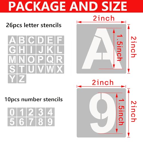 Image of YEAJON 2 Inch Letter and Number Stencils, 36 Pcs Alphabet Art Craft Set, Reusable Plastic for Wood, Wall, Fabric, Rock, Chalkboard, Signage, DIY School Art Projects