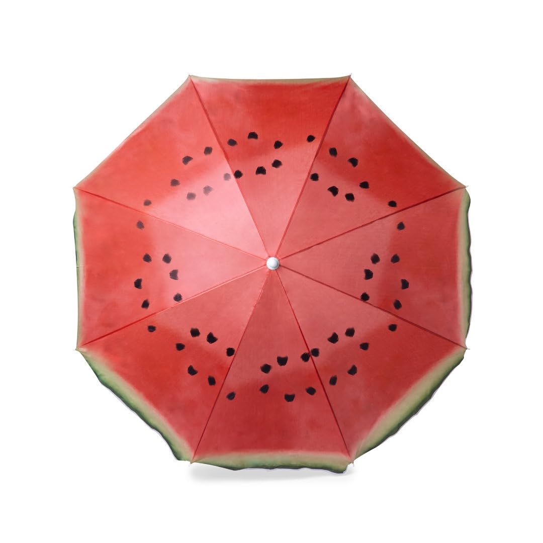 Colorida sombrilla de playa con diseños frutales, con 8 paneles en resistente nylon y faldones laterales ribeteados. playa, verano, calor, sombrilla, sol, parasol, proteccion,