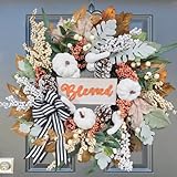 Fall Wreath for Front Door,Autumn Harvest Porch Decor,20 inch Blessed Fall Door Wreaths with White Pumpkin,thanksgving Farmhouse Decoration with Ribbon Bow for Indoor Outdoor, Front Door Wreaths