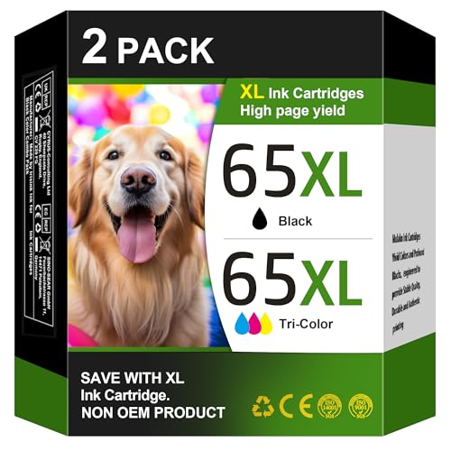 65XL Ink Cartridges Combo Pack for HP Ink 65 Black and Color 65 XL High Yield Ink for HP65XL Work...
