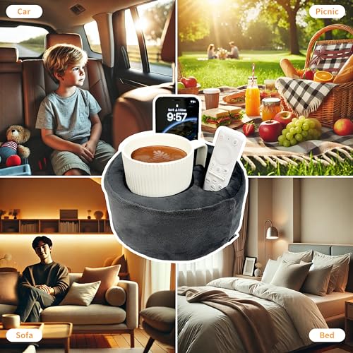 Xchouxer Couch Cup Holder Pillow, Sofa and Bed Organizer Caddy for Drinks, Remotes, Phones (Gray) - Thumbnail 5