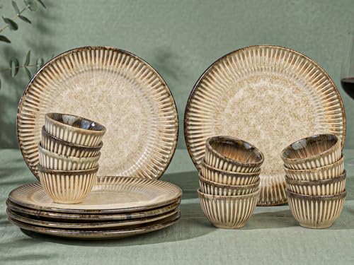 Image of Bodhi House Premium 18-Piece Stoneware Dinner Set Serving for 6 - Handcrafted Ceramic Plates, Bowls & Serving Bowls | Microwave & Dishwasher Safe | Elegant Modern Tableware Crockery Rustic Sand Beige