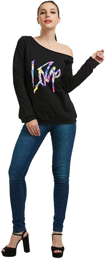 MAGICMK Womans Sweatershirt Lips Print Causal Blouse Off The Shoulder Long Sleeve Loose Slouchy Pullover Plus Size TopsM