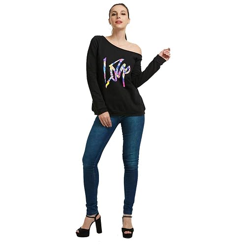 MAGICMK Woman’s Sweatershirt Lips Print Causal Blouse Off The Shoulder Long Sleeve Loose Slouchy Pullover Plus Size Tops - Black+clove - 3X-Large