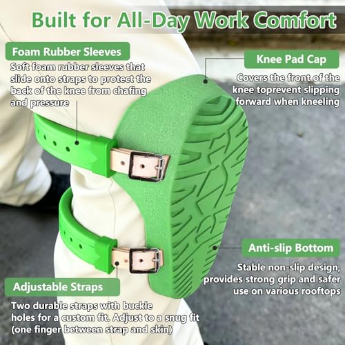 Image of Knee Pads for Work, Roofing Knee Saver with Soft Foam Sleeves, Non-Slip Bottom, Leather Strap, Impact & Abrasion Resistant, Kneeling Pads for Construction, Flooring, Gardening & All Kneeling Work, Green