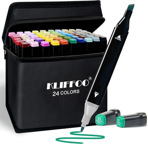 Image of Dual Tip Colorful Art Markers 24 Colors Sketch Pens With Carry Bag For Painting Sketching Calligraphy Drawing,Chisel & Fine Tip Water Based Colouring Marker For Kids & Adult,Multicolor (24)