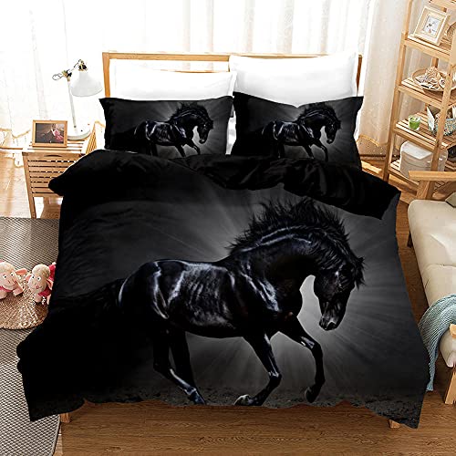 Parure de lit 220x240 Adulte Cheval Animal Noir Housse de Couette en Microfibre, Ensemble de literie avec 1 Housse de Couette + 2 Taie d'oreiller 65x65 cm Cover