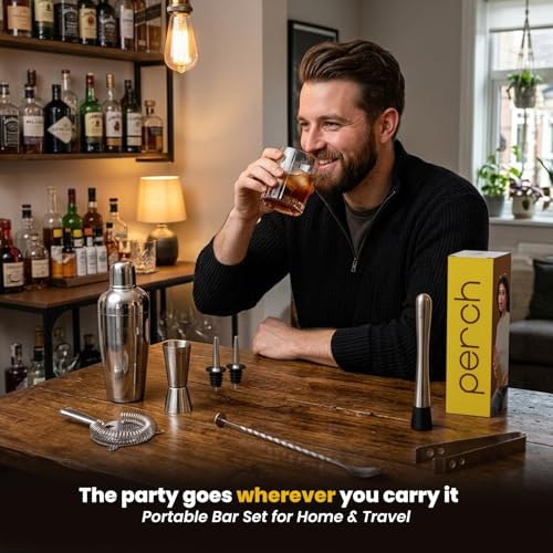 Image of O' Holic by Perch Craft 8-Piece Stainless Steel Bartender Kit|Premium Cocktail Shaker Set with Jigger 30 /60ml, Spoon,Pourer,Ice Tong, & Bar Tools|Professional Bar Set for Home &Tour Parties|Silver