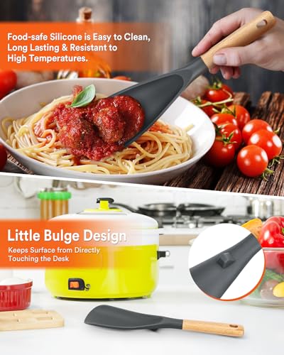 Image of Cooking Spoon And Rice Scooper for Nonstick Cookwares, Great for Cooking and Serving Durable BPA-Free Matte Silicone, Wood Handle Spoon for Mixing, Scoop, and Scrape