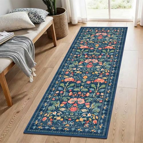 2x6 Soft Washable Runner Rugs: Velvet Feel & 5-10 Degrees Warmer Underfoot - Cottagecore Floral Hallway Carpet for Bedroom Kitchen Entryway - Family & Pet Friendly (Navy Distressed)