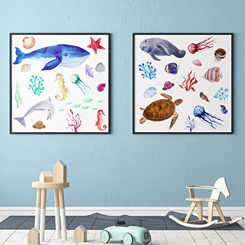 4 Sheets Watercolor Ocean Creatures Wall Stickers Colorful Sea Life Wall Stickers Under The Sea Fish Jellyfish Wall Decor Removable Ocean Themed Wall Decals For Kids Room Nursery Bedroom Playroom #TOP3