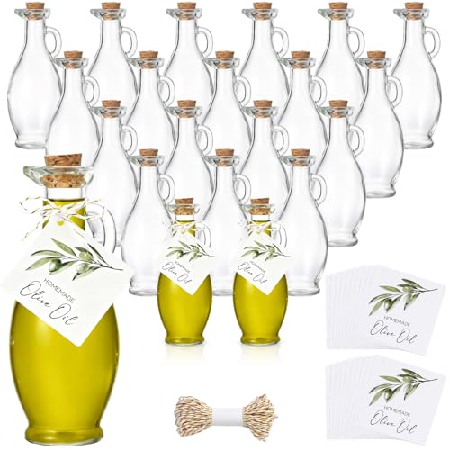 Vesici 20 Set Glass Olive Oil Bottle with Stopper 8.5 oz Mini Oil Cruet Dispenser with Label Vinegar Bottle with Spout for Kitchen Salad Dressing Syrup Container for Wedding Baby Shower Party Favors