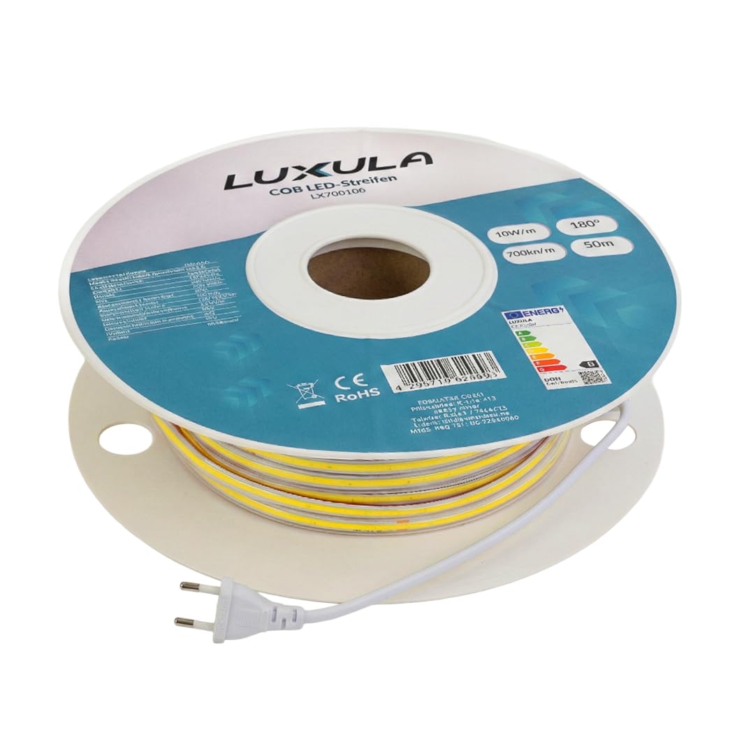 LUXULA COB LED Streifen 25 m 5000K Neutralweiß - mit Stecker, LED Streifen ohne Punkte, selbstklebend, 220V IP65, 288 LED/m, 700 lm/m, 10 W/m, kürzbar 50 cm, erweiterbar bis 70 m, Innen und Außen