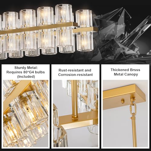 Image of Crystal Brass Rectangular Chandelier Light Fixture,72 in Dining Room Chandeliers Over Table,Modern Chandelier For Living Room,Arcachon Chandeliers,Kitchen Island Chandelier,Includes 80xG4 Bulbs