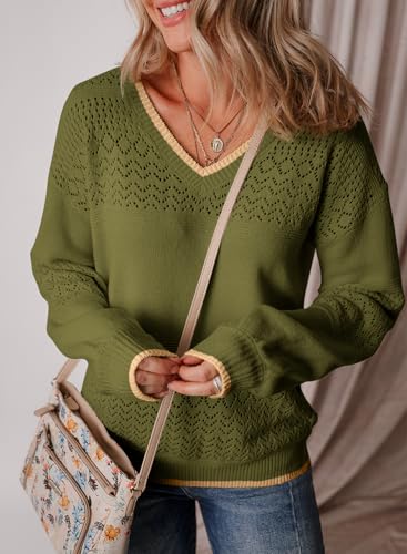 Image of SHEWIN Women's Sweaters Casual Long Sleeve V Neck Crewneck Lightweight Crochet Pullover Sweater Tops