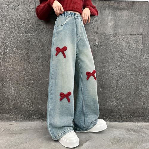 Jeans for Girls Baggy Wide Leg Cute Bow Love Heart High Elastic Waisted Denim Pants Y2K Streetwear Preppy Clothes 5-14Y3