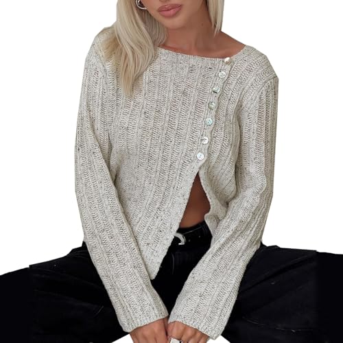 Womens Y2k Button Down Sweater Top Solid Boat Neck Long Sleeve Knitted Shirts Split Side Blouse Knitwear Streetwear4