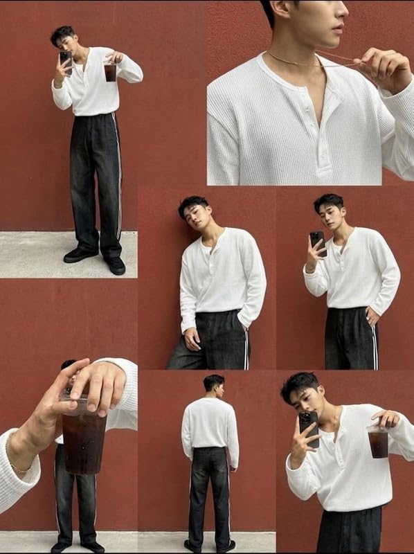 Image of Imsa Moda Men's Textured Fabric Half-Open Collar T-Shirt | Full Sleeve Casual T-Shirt for Men