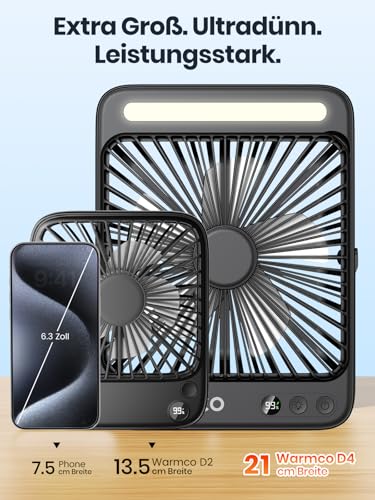 Warmco 20000mAh Akku Camping Ventilator 27cm mit Lampe, 15-48 Std. Laufzeit, Ultra-Leise, Ultraflach, Display, Haken, USB Tischventilator für Zelt, Outdoor, Reisen, Büro, Wohnmobil, Schlafzimmer