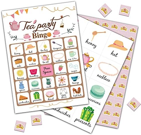 OUDIEA 24 Tea Party Bingo Cards (5"x7") | Party Games with 24 Players | Party Games for Adults Kids Toddlers | School Classroom Party Activity - cha02