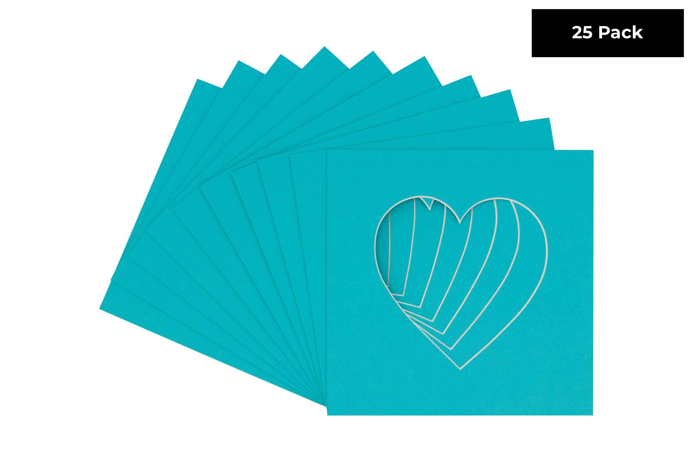 CountryArtHouse Aquamarine Blue Acid Free 8x8 Heart Picture Frame Mat with White Core Bevel Cut for 4x4 Pictures - Fits 8x8 Frame - Pack of 25 Matboard Show Kits with Acid Free Backings & Clear Bags