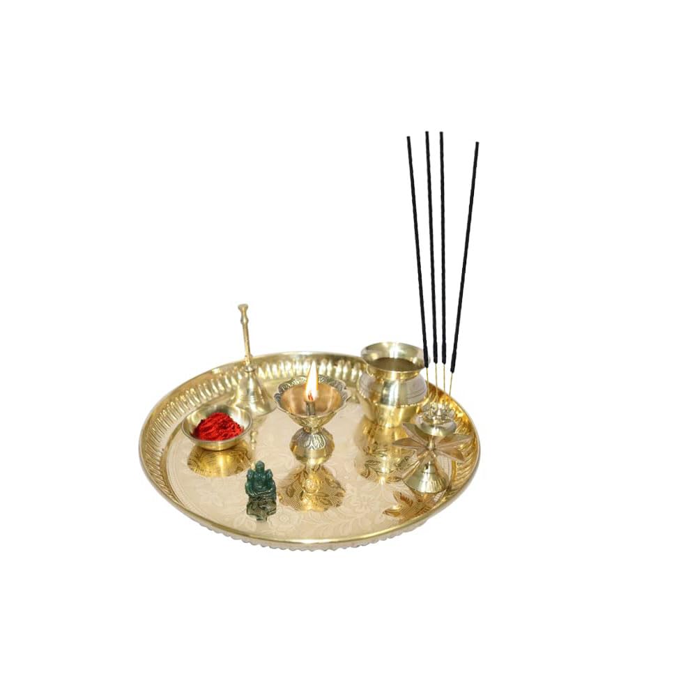 Brass Pooja Thali Set Of 5 Pcs Serving Plate Decorative Tray Indian Puja Items Aarti Plate For Temple, Wedding Home Décor Mandir Brass Tika Thali Wedding Thali Decoration Diwali Gifts