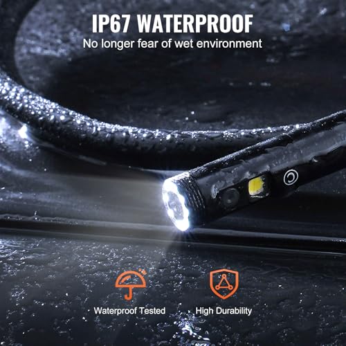 Image of VEVOR Endoscope Camera with Light, Triple Lens Borescope with 49.2FT Semi-Rigid Cable, 5 inch Screen 1080P Inspection Camera, 8 + 2 LED Lights, IP67 Waterproof Snake Cameras for Auto, Plumbing (32GB Card)