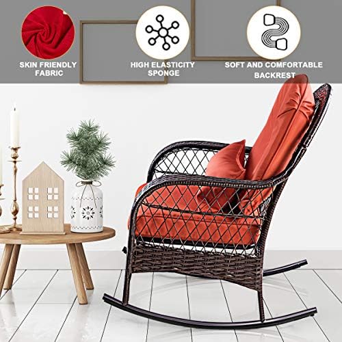 COSTWAY Rattan Armchair Wicker Rocking Sofa Relaxing Lounge Chair Metal Frame with Lumbar Pillow & Cushion, Garden Patio Porch Lawn Deck Backyard Furniture