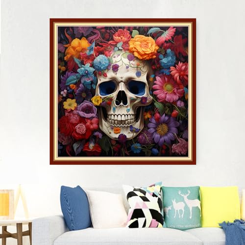 Image of Foxdiviy Stamped Cross Stitch Kits Full Range of Embroidery Needlework Starter Kits for Beginners Adults 11CT Embroidery Patterns Art Crafts DIY Needlepoint Kits-Colorful Skull 18x18 inch