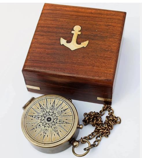 Brújula Náutica de Latón Antigua con Caja de Madera – Regalo Marinero Vintage con Diseño de Ancla miniatura 5