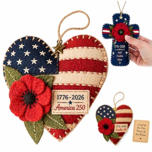 DIY Patriotic Poppy Cross Ornament Kit, Handmade America 250 Heart Ornament, 1776–2026 Anniversary Patriotic Fabric Decor with Poppy Flower, DIY Craft for Memorial Day/Independence Day/Veteran (Heart)