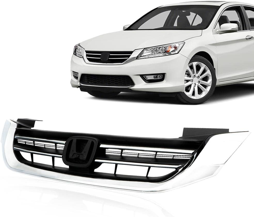 G-PLUS Front Upper Bumper Hood Grille, Compatible with Honda Accord Sedan 2013 2014 2015 Replacement Black & Chrome Grill