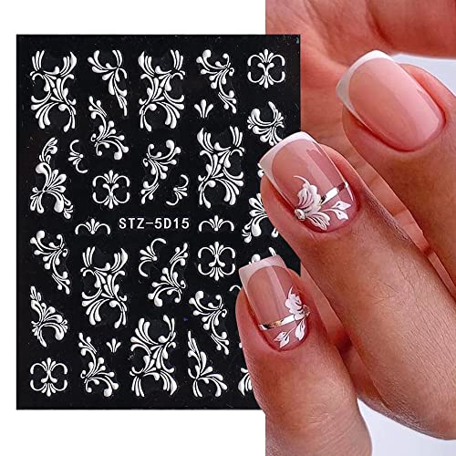 4 Sheets Flower Nail Art Sticker Decals - 5D Stereoscopic Embossed Acrylic Nail Stickers Self-Adhesive Nail Art Supplies White Lace Retro Floral Nail Designs Diy Manicure Decoration For Women Girls #TOP4