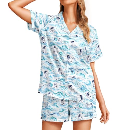 Image of Funny Pajamas for Women Set Print Satin Loungewear Pjs Short Sleeve Button Down Top and Shorts Sets Sleepwear XS-3XL